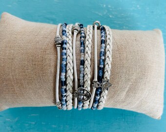 Women’s Wrap Bracelet - Everyday Bracelet - White Leather Bracelet - Blue Beaded Bracelet - Peace Jewelry - Jewish Agency For Israel Charity