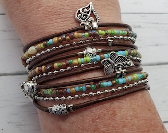 Boho Leather Wrap Bracelet - Hippie Style Beaded Bracelet - Best Boho Wrap Bracelet - Multi Strand Bracelet - Choose FOUR Charms