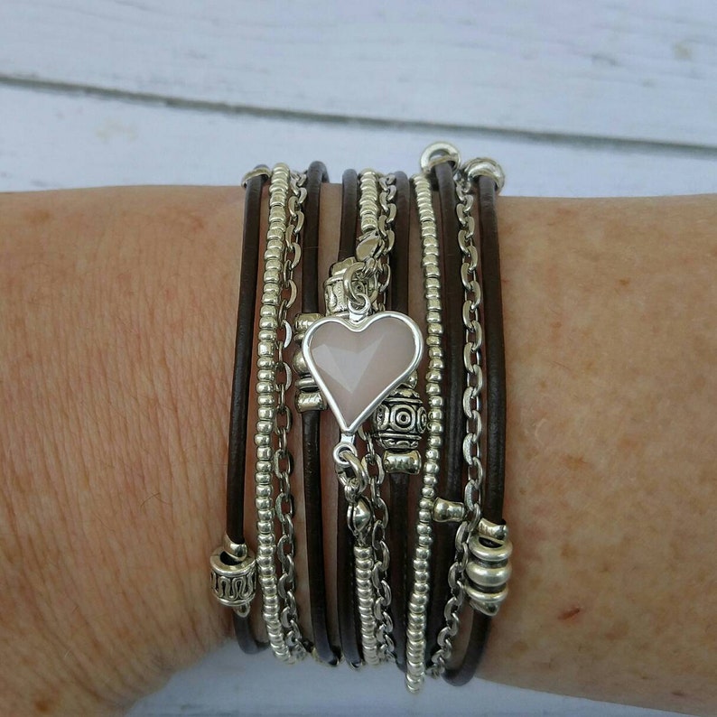 Brown Leather Wrap Bracelet Pink Crystal Heart Bracelet Etsy