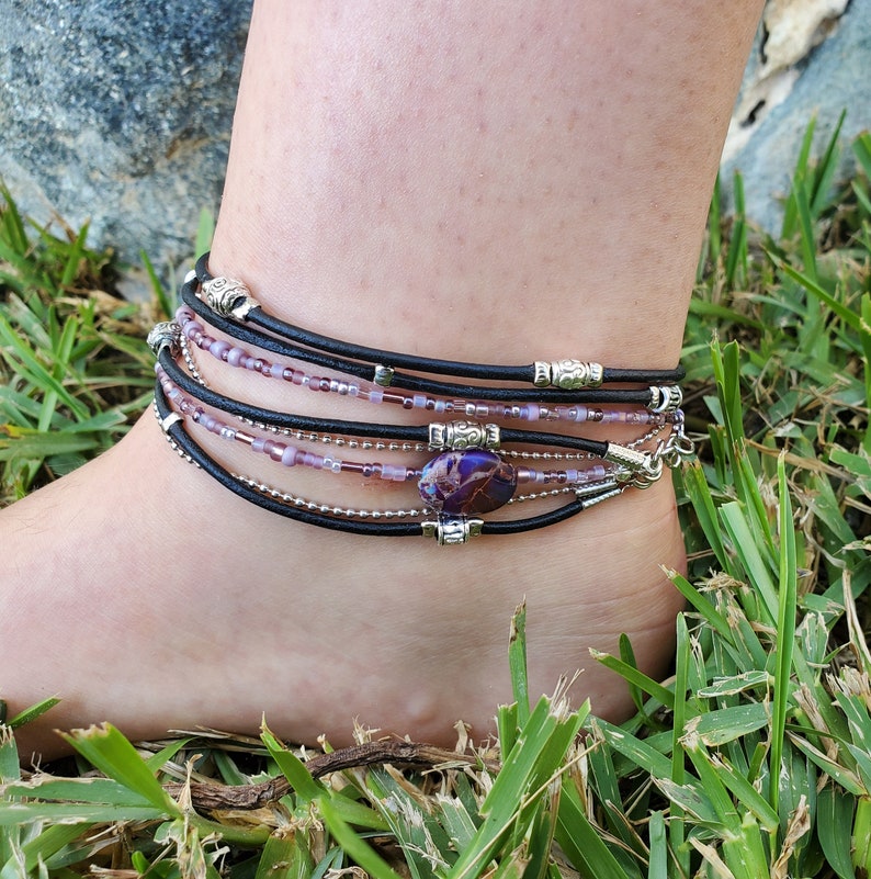 Purple Anklet Double Wrap Ankle Bracelet Barefoot Jewelry Black Leather
