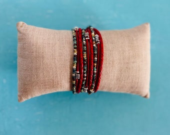 Women’s Red Leather and Beaded Wrap Bracelet - Chunky Bracelet - Boho Jewelry