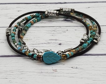 Women's Anklet - Turquoise Ankle Bracelet - Beach Jewelry - Brown Leather Anklet - Boho Ankle Bracelet - Turquoise Jewelry - Leaf Bracelet