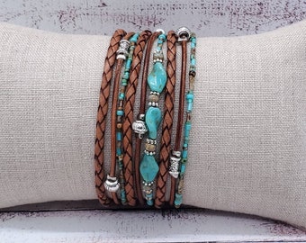 Womens Wrap Bracelet - Boho Bracelet - Everyday Bracelet - Turquoise Twisted Bead Bracelet - Beaded Wrap Bracelet - Turquoise Jewelry