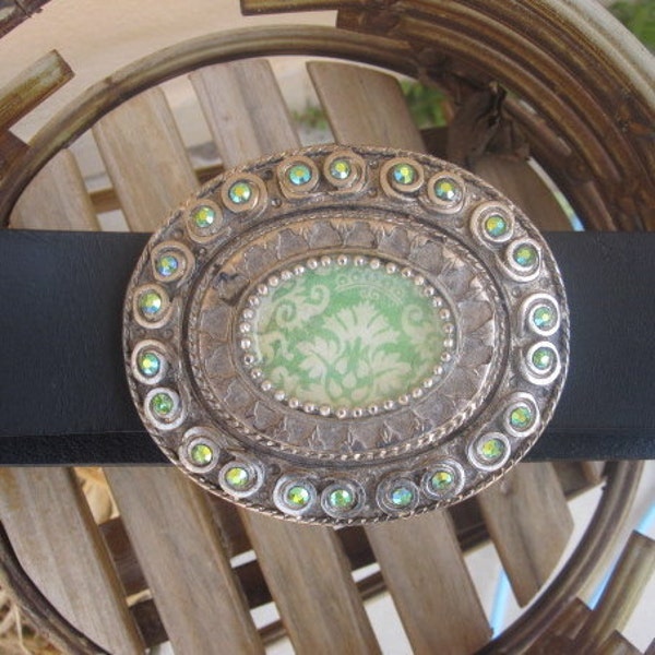 SUMMER SALE, was 35 Dollars Ladies Custom Removable Belt Buckle with Green Damask Design and Swarovski Crystals