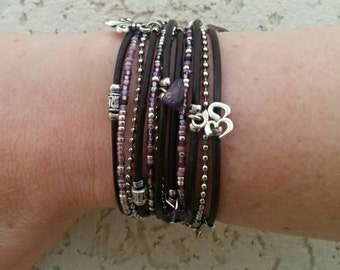 Boho Wrap Bracelet - Ladies Wrap Bracelet - Custom Wrap Bracelet  - Purple & Black Beaded Bracelet - Best Selling Items - Choose FOUR Charms