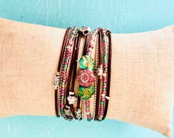 Boho Leather Wrap Bracelet - Festival Stacking Bracelet - Flower Beaded Bracelet - Mother’s Day Gift