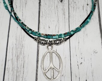 Peace Necklace - Turquoise Jewelry - Silver Peace Sign - Layered Necklace - Southwestern Jewelry - Multi Strand Necklace - Festival Look