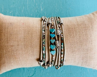 Womens Wrap Bracelet - Boho Bracelet - Turquoise Hearts Bracelet - Turquoise Jewelry