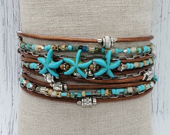 Starfish Bracelet - Womens Boho Wrap Bracelet - Turquoise Jewelry - Beach Jewelry - Beaded Wrap Bracelet - Wrap Anklet - Starfish Earrings