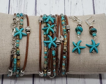 Boho Wrap Bracelet - Double Wrap Anklet - Starfish Earrings - Turquoise Jewelry Set - Beach Jewelry - Starfish Jewelry - Rustic Jewelry