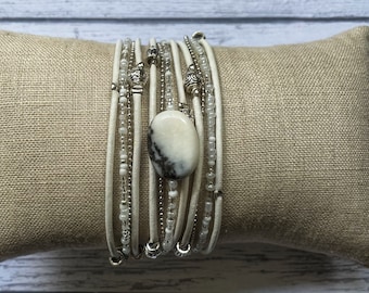 Ladies Wrap Bracelet - Everyday Bracelet - Stacking Bracelet - White Leather Wrap Bracelet for Women - Gemstone Bracelet