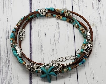 Wrap Ankle Bracelet - Beach Jewelry - Brown Leather Ankle Bracelet - Boho Ankle Bracelet - Turquoise Jewelry - Starfish Jewelry