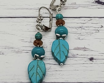 Turquoise Leaf Earrings - Boho Earrings - Beaded Earrings - Dangle Earrings - Boho Chic Jewelry - Bohemian Style Earrings