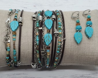 Boho Jewelry Set - Womens Wrap Bracelet - Turquoise Anklet - Leaf Earrings - Hippie Style Jewelry - Bohemian Style Bracelet Set