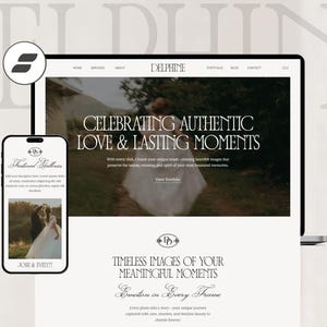 Peut inclure: Une maquette de site web affichée sur un écran d'ordinateur et un smartphone. Le site web présente le texte "DELPHINE" et "CELEBRATING AUTHENTIC LOVE & LASTING MOMENTS". Le smartphone affiche une photo de mariage. Le thème du site web est axé sur la photographie.