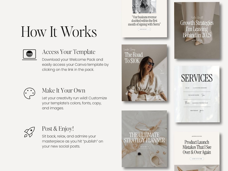 May include: How It Works graphic with three steps: Access Your Template, Make It Your Own, and Post & Enjoy! The graphic includes icons for each step and text describing the steps. The graphic is surrounded by images of social media posts with text such as "The Road To $10K", "Growth Strategies I'm Leaving Behind in 2025", "The Ultimate Strategy Planner", "Services", and "Product Launch Mistakes That I See Over & Over Again".