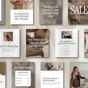 May include: A collage of images with text overlays promoting online business and marketing services. The images feature a variety of topics, including sales, client growth, work-life balance, and business glow-up. The text includes phrases like "The Grow Masterclass", "Your Dream Clients Don't Care About Your Follower Count", and "The Reality Behind Scaling to 6 Figures".
