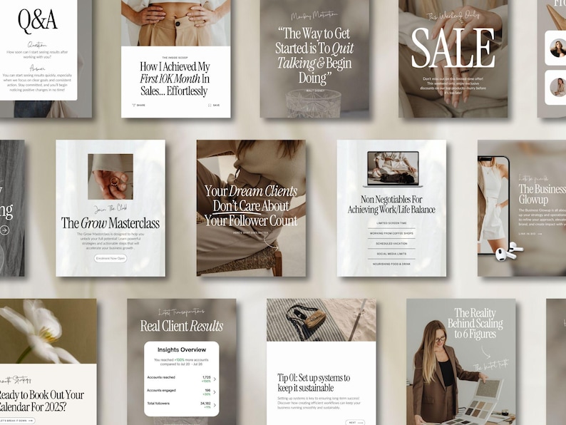 May include: A collage of images with text overlays promoting online business and marketing services. The images feature a variety of topics, including sales, client growth, work-life balance, and business glow-up. The text includes phrases like "The Grow Masterclass", "Your Dream Clients Don't Care About Your Follower Count", and "The Reality Behind Scaling to 6 Figures".