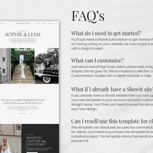 May include: A website design template for photographers, featuring a white background with black text and images of a couple in wedding attire. The text includes the words "Sophie & Liam" and "Ready to Capture Your Love Story?"