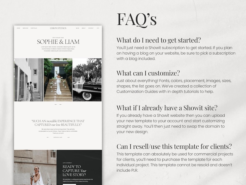 May include: A website design template for photographers, featuring a white background with black text and images of a couple in wedding attire. The text includes the words "Sophie & Liam" and "Ready to Capture Your Love Story?"