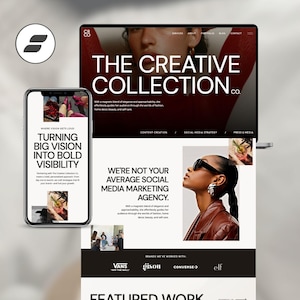 May include: A laptop and smartphone display a website design for "The Creative Collection Co." The website features a modern design with a bold red and white color scheme. The smartphone screen displays the text "Turning Big Vision Into Bold Visibility."