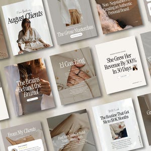 Könnte beinhalten: Eine Sammlung von digitalen Marketing- und Business-Coaching-Ressourcen, darunter eine Masterclass, 1:1-Coaching und ein Strategieplan. Die Ressourcen werden als digitale Downloads mit einem minimalistischen Design mit beigefarbenem Hintergrund und schwarzem Text präsentiert.