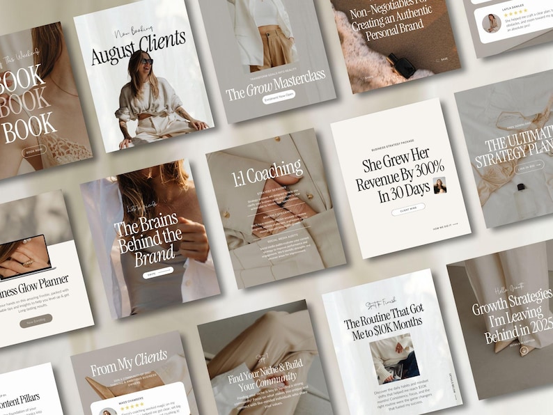 May include: A collection of digital marketing and business coaching resources, including a masterclass, 1:1 coaching, and a strategy plan. The resources are presented as digital downloads with a minimalist design featuring a beige background and black text.