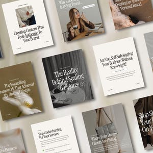 May include: A collection of 10 social media post templates with text overlays on a light brown background. The text includes titles such as "The Reality Behind Scaling 6 Figures", "Are You Self Sabotaging Your Business Without Knowing It?", and "Stop Sharing Your Daily Plan On Your Stories".