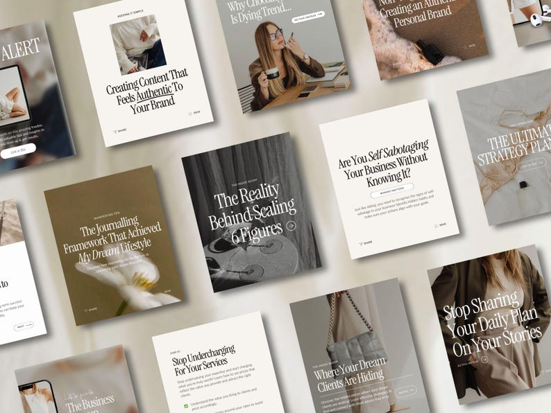 May include: A collection of 10 social media post templates with text overlays on a light brown background. The text includes titles such as "The Reality Behind Scaling 6 Figures", "Are You Self Sabotaging Your Business Without Knowing It?", and "Stop Sharing Your Daily Plan On Your Stories".
