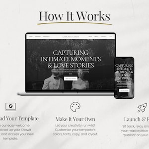 May include: A laptop computer screen displaying a website for a photography studio called "Linicon Studios". The website features a black and white photo of a couple and the text "Capturing Intimate Moments & Love Stories". The laptop is on a white surface with a smartphone and a rocket icon.
