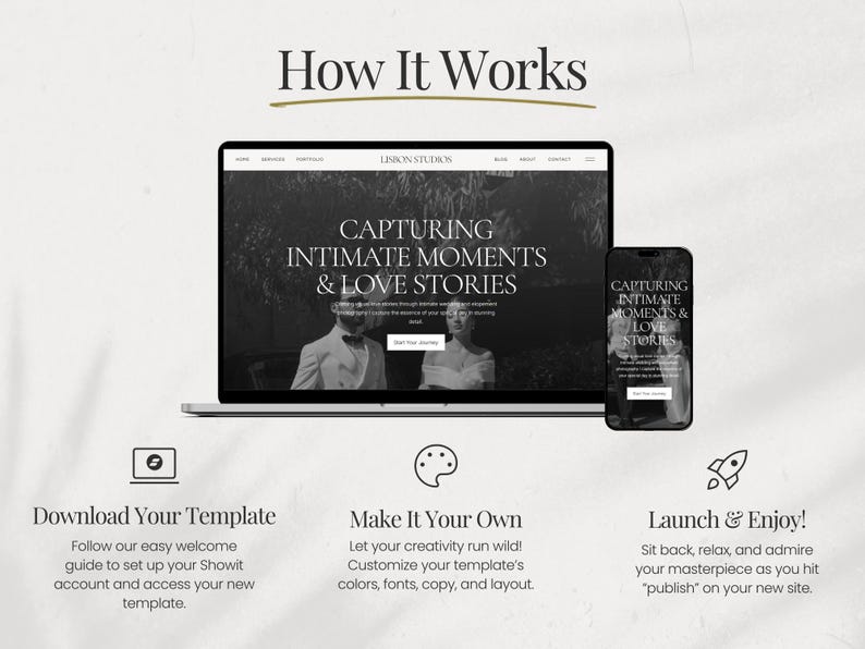 May include: A laptop computer screen displaying a website for a photography studio called "Linicon Studios". The website features a black and white photo of a couple and the text "Capturing Intimate Moments & Love Stories". The laptop is on a white surface with a smartphone and a rocket icon.