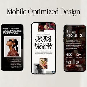 May include: Three smartphones displaying marketing content. The first phone reads "MEET YOUR NEW SOCIAL MARKETING SECRET WEAPON." The second phone says "TURNING BIG VISION INTO BOLD VISIBILITY." The third phone displays "THE RESULTS." The image is titled "Mobile Optimized Design."