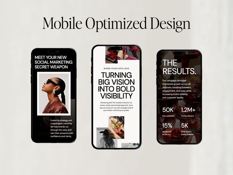 May include: Three smartphones displaying marketing content. The first phone reads "MEET YOUR NEW SOCIAL MARKETING SECRET WEAPON." The second phone says "TURNING BIG VISION INTO BOLD VISIBILITY." The third phone displays "THE RESULTS." The image is titled "Mobile Optimized Design."