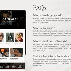 May include: A black tablet displays a website portfolio with the word "PORTFOLIO" at the top. The screen shows images of various businesses, including eyewear, studios, and cocktails. The text "FAQs" is also visible.