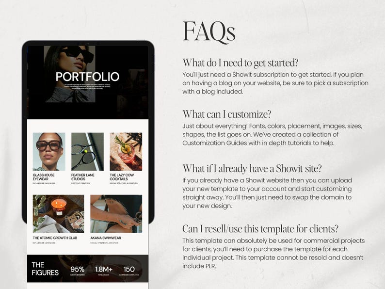 May include: A black tablet displays a website portfolio with the word "PORTFOLIO" at the top. The screen shows images of various businesses, including eyewear, studios, and cocktails. The text "FAQs" is also visible.
