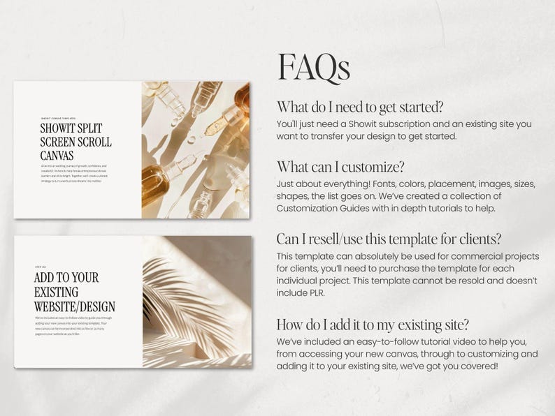 K&ouml;nnte beinhalten: FAQs zu einer Showit Split-Screen-Scroll-Canvas-Vorlage. Die Vorlage kann f&uuml;r kommerzielle Projekte f&uuml;r Kunden verwendet werden. Sie enth&auml;lt ein Tutorial-Video, wie man sie zu einer bestehenden Website hinzuf&uuml;gt.