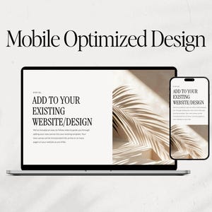 K&ouml;nnte beinhalten: Ein Laptop mit wei&szlig;em Hintergrund, der ein Website-Design mit dem Text "ADD TO YOUR EXISTING WEBSITE/DESIGN" zeigt. Neben dem Laptop ist ein Handy-Mockup zu sehen, das ebenfalls den gleichen Text anzeigt.