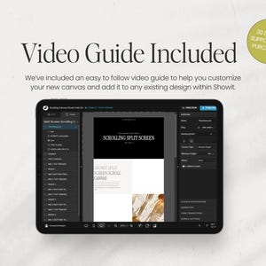 K&ouml;nnte beinhalten: Ein Screenshot eines Computerbildschirms, der eine Videoanleitung f&uuml;r eine scrollende Split-Screen-Leinwand zeigt. Die Anleitung ist f&uuml;r den Website-Builder Showit. Der Text auf dem Bildschirm lautet "Scrolling Split Screen" und "Showit Split Screen Scroll Canvas".