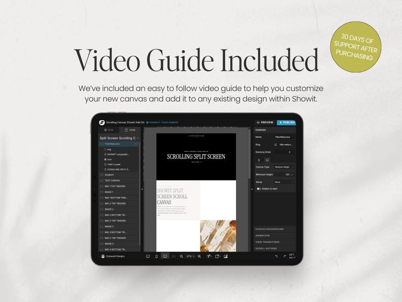 K&ouml;nnte beinhalten: Ein Screenshot eines Computerbildschirms, der eine Videoanleitung f&uuml;r eine scrollende Split-Screen-Leinwand zeigt. Die Anleitung ist f&uuml;r den Website-Builder Showit. Der Text auf dem Bildschirm lautet "Scrolling Split Screen" und "Showit Split Screen Scroll Canvas".