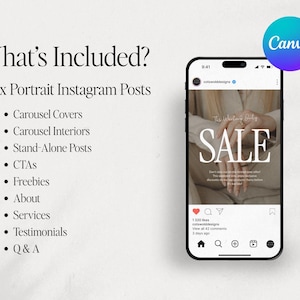 May include: A phone screen displaying a social media post with the text "The absolute best SALE" in white letters on a beige background. The post has 1,320 likes and 42 comments. The post is from the account "cotswolddesigns". The phone is on a beige surface. The text "What's Included?" is on the left side of the image. The text "50 x Portrait Instagram Posts" is below the text "What's Included?" The text "&bull; Carousel Covers &bull; Carousel Interiors &bull; Stand-Alone Posts &bull; CTAs &bull; Freebies &bull; About &bull; Services &bull; Testimonials &bull; Q&A" is below the text "50 x Portrait Instagram Posts". The text "Canva" is on the right side of the image.