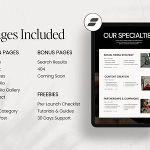 May include: A digital tablet displays a webpage with the text "Our Specialties" and a list of services. The left side lists "Pages Included" with options like Home, About, and Blog. The tablet is black with a white background.