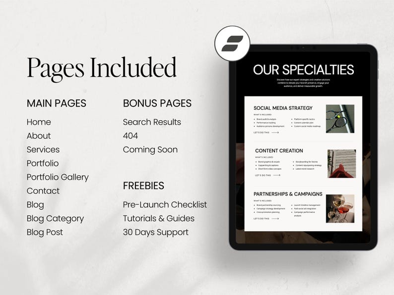 May include: A digital tablet displays a webpage with the text "Our Specialties" and a list of services. The left side lists "Pages Included" with options like Home, About, and Blog. The tablet is black with a white background.