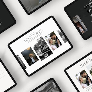 May include: A website for a wedding photographer showcasing their work with images of couples in various settings. The website features the text "LOVE STORIES" and "The OFFERINGS".