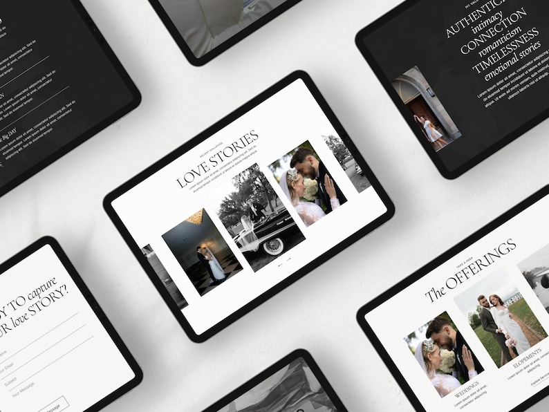 May include: A website for a wedding photographer showcasing their work with images of couples in various settings. The website features the text "LOVE STORIES" and "The OFFERINGS".