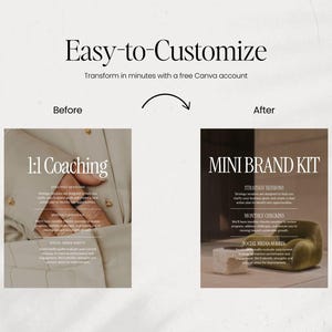 May include: Before and after image showing how to customize a coaching or brand kit template using Canva. The before image shows a close-up of a hand wearing rings and a beige shirt. The after image shows a beige and brown room with a green armchair and a white stool. The text on the before image says "1:1 Coaching". The text on the after image says "MINI BRAND KIT".