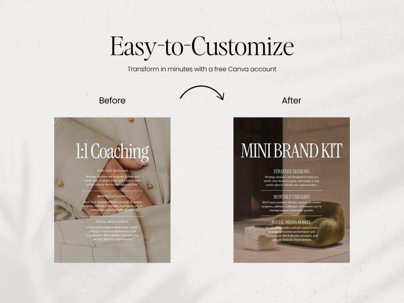 May include: Before and after image showing how to customize a coaching or brand kit template using Canva. The before image shows a close-up of a hand wearing rings and a beige shirt. The after image shows a beige and brown room with a green armchair and a white stool. The text on the before image says "1:1 Coaching". The text on the after image says "MINI BRAND KIT".