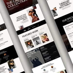 May include: A digital marketing agency website design with a black and white color scheme. The website features sections for featured work, specialties, and a call to action. The text includes "The Creative Collection" and "Turning Big Vision Into Bold Visibility."