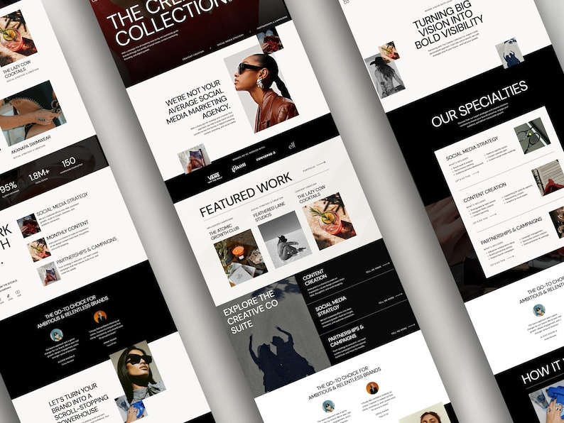 May include: A digital marketing agency website design with a black and white color scheme. The website features sections for featured work, specialties, and a call to action. The text includes "The Creative Collection" and "Turning Big Vision Into Bold Visibility."