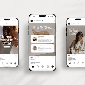 May include: Three Instagram posts from the account cotswolddesigns. The first post features a woman with the text "The Brains Behind the Brand". The second post features a white background with the text "From My Clients" and two customer testimonials. The third post features a woman wearing a white shirt and sunglasses with the text "The Road To $10K".