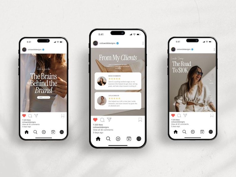 May include: Three Instagram posts from the account cotswolddesigns. The first post features a woman with the text "The Brains Behind the Brand". The second post features a white background with the text "From My Clients" and two customer testimonials. The third post features a woman wearing a white shirt and sunglasses with the text "The Road To $10K".